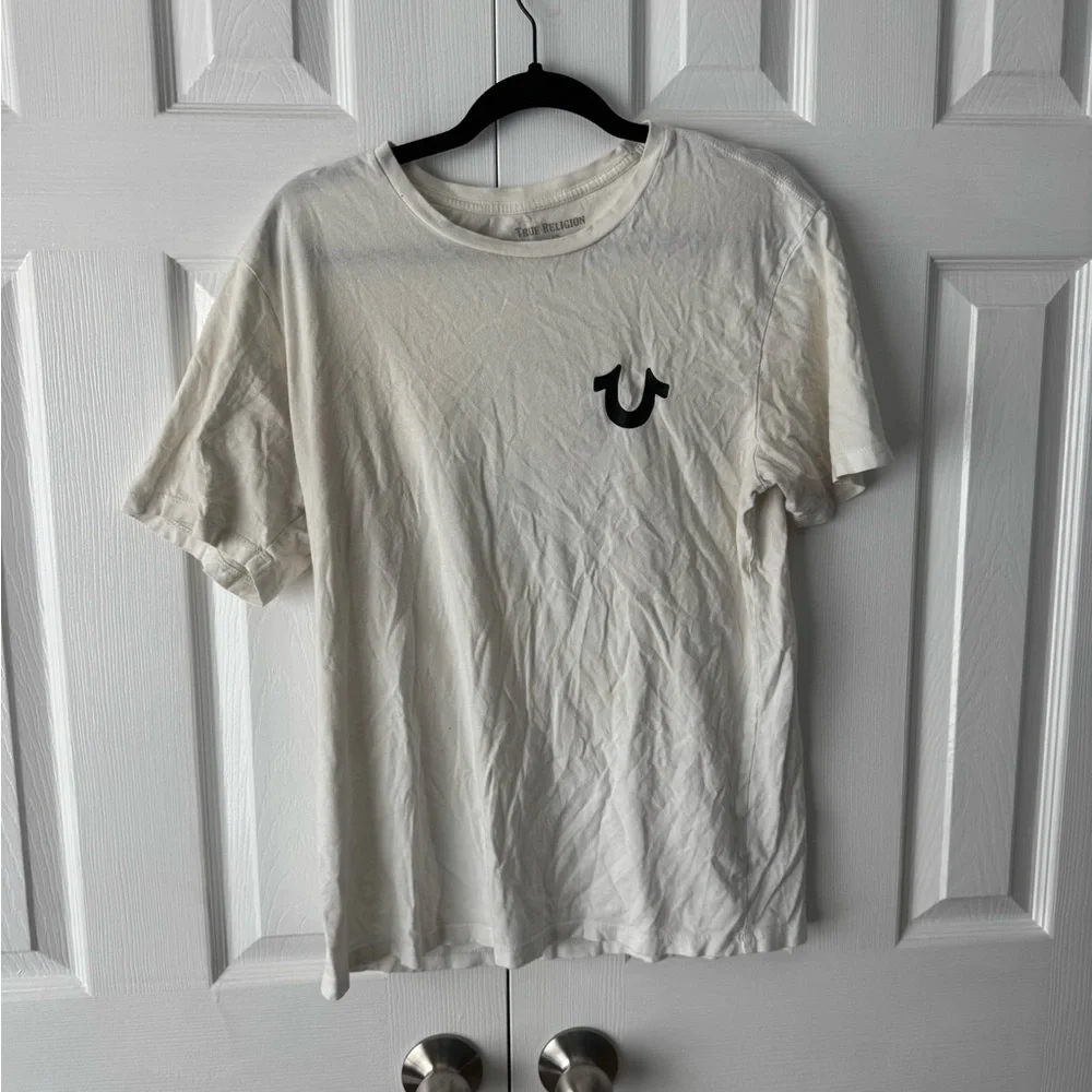 True Religion Off White Cream Cotton Graphic Tee Black Horseshoe & Buddha Print